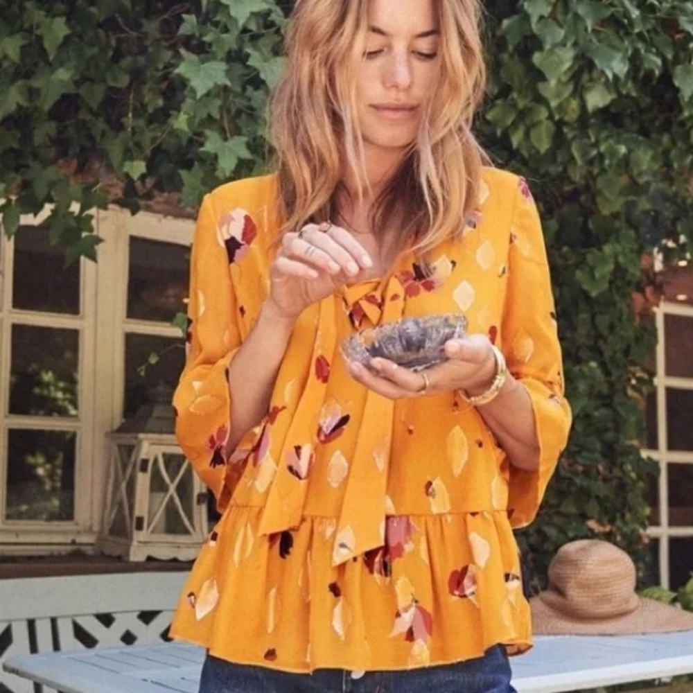 Sézane (38) “Anita” Mustard Yellow Flowy Silk/ Metallic Tinsel Bohemian Blouse